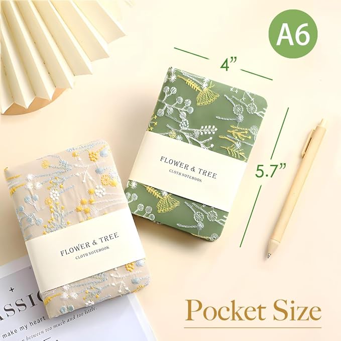 Pocket Notebook, A6 Journal, Small Embroidered Journal, Cute Fabric Notebook, Lay Flat Hardcover Journal, 4x6 Lined Notebook & Sketchbook, Personal Writing Journal for Women, Green Dandelion
