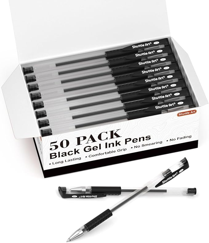 Shuttle Art Black Gel Pens, 50 Pack Fine Point Black Ink Pens Bulk, 0.5mm Rollerball Gel Ink Pens Smooth Writing with Comfortable Grip for Office, School and Home