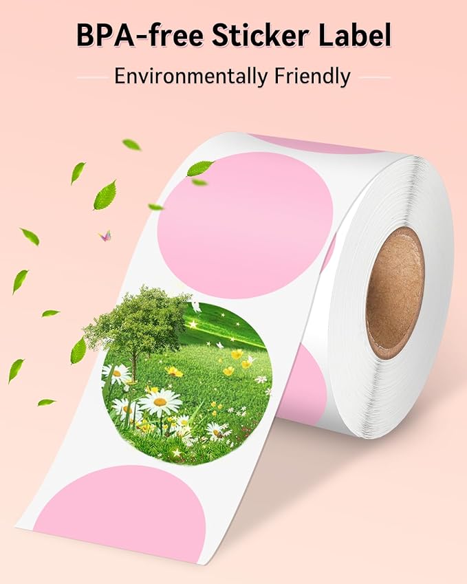 Phomemo 2” Color Circle Thermal Label, Self-Adhesive Round Sticker Label, Circular Thermal Printer Label for Logo Design, Name/Price Tag, Thanks Card, Address, QR Code, 750 Labels/Roll, 4 Rolls, Pink