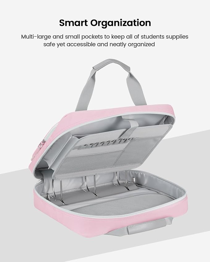 4 Inch 3 Ring Zipper Binder with Shoulder Strap & Handle & Multi-Pocket - 4" Binder with Zipper for School, Compatible with 13-Inch Laptop MacBook/Tablet-Patent Design-Pink