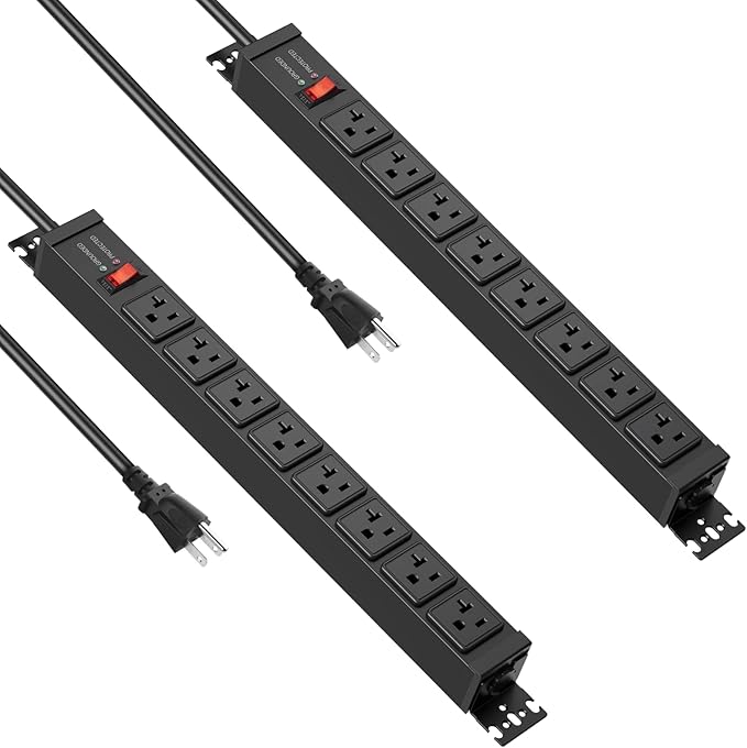 JUNNUJ 20 Amp Power Strip Heavy Duty 2 Pack, 4800J Surge Protector Metal Power Bar Multi Angle Mount, 20A Garage 8 Outlet Shop 6-20R T-Slot, 5-15P Adapter 12 Gauge Extension Cord 15 ft for Appliance