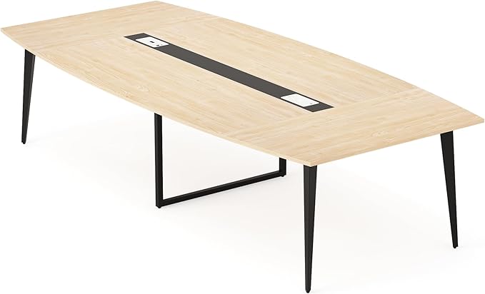 Tribesigns 8FT Conference Table, 94.48L x 47.21W x 29.52H Inches Boat Shaped Meeting Table with Rectangle Grommet, Modern Seminar Boardroom Table for Office Conference Room (Light Wood Grain, 8ft)