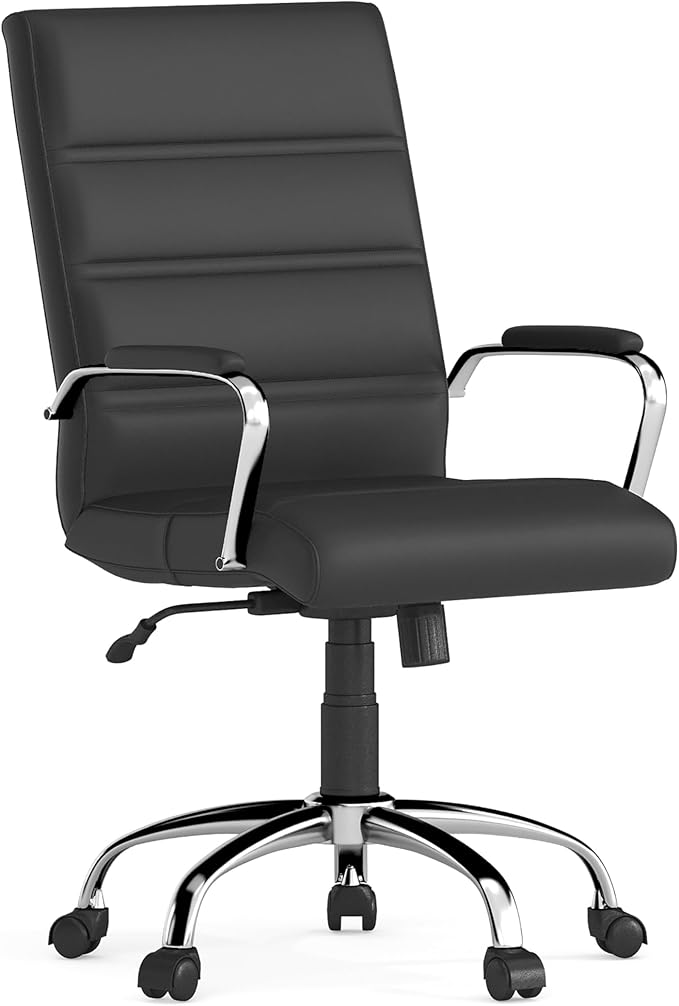 Flash Furniture Whitney Mid-Back Swivel LeatherSoft Desk Chair with Padded Seat and Armrests, Adjustable Height Padded Office Chair, Black