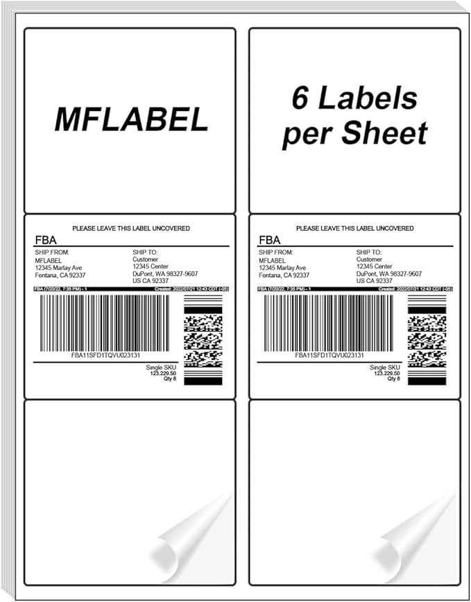 MFLABEL 3-1/3" x 4" Shipping Address Sticker, FBA Labels, 6-UP Sticker Label, White Shipping Label, Easy to Peel, Address Paper for Laser/Ink Jet Printer, 6 Per Page (15000 Labels, 2500 Sheets)