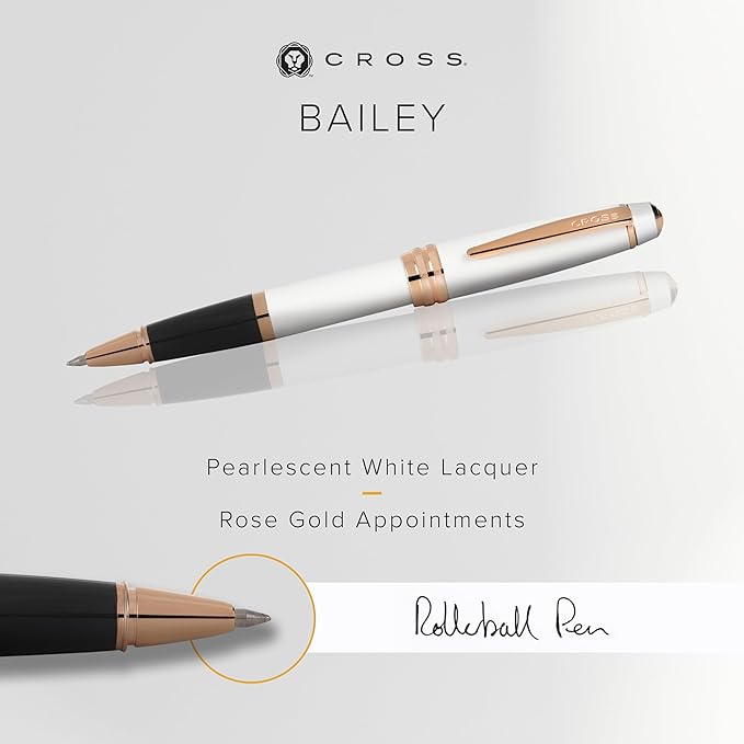 Cross Bailey Refillable Rollerball Pen Presented in a Premium Gift Box - Medium Point, Black Ink, White & Rose Gold