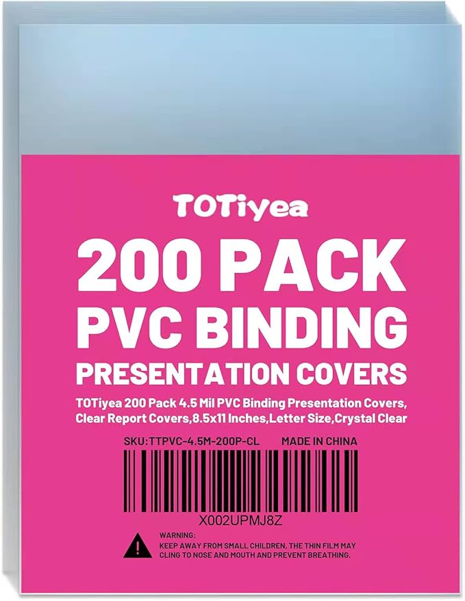 TOTiyea 200 Pack 4.5 Mil PVC Binding Presentation Covers, Clear Report Covers for Binding,8.5x11 Inches,Letter Size