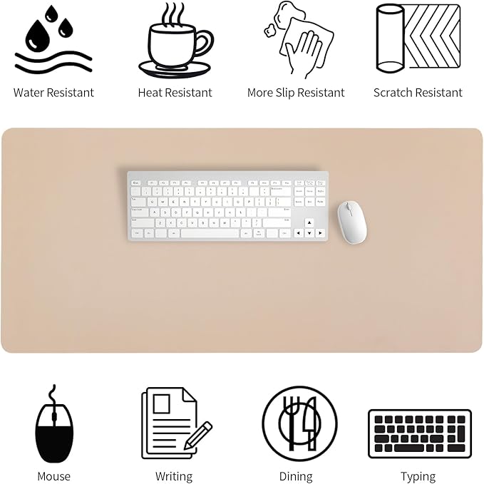 Bloss Extra Large Leather Desk Mat 47.2" x 24" Non-Slip Dressing Table Cover Protector, Waterproof Student Study Desk Mat, PU Leather Computer Writing Desk Pad for Home Office and Decor - Beige