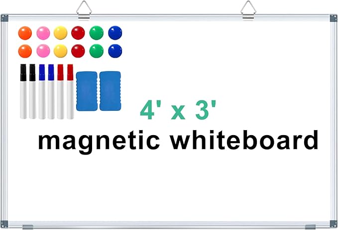 H-Qprobd Large Dry Erase White Board 4' x 3' Magnetic Whiteboard 48"x36" Aluminum Presentation Whiteboard with Long Pen Tray, 6 Markers, 2 Erasers &12 Magnets