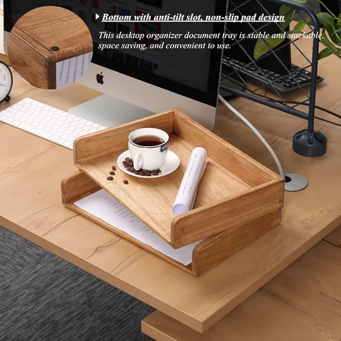 Wood Stackable Paper Trays for Office Supplies and Accessories - Desk Organizer Tray for Letter Document Magazine -Wooden Desktop File Folder Holder Shelf 2 Set Light(2CTP-LT)