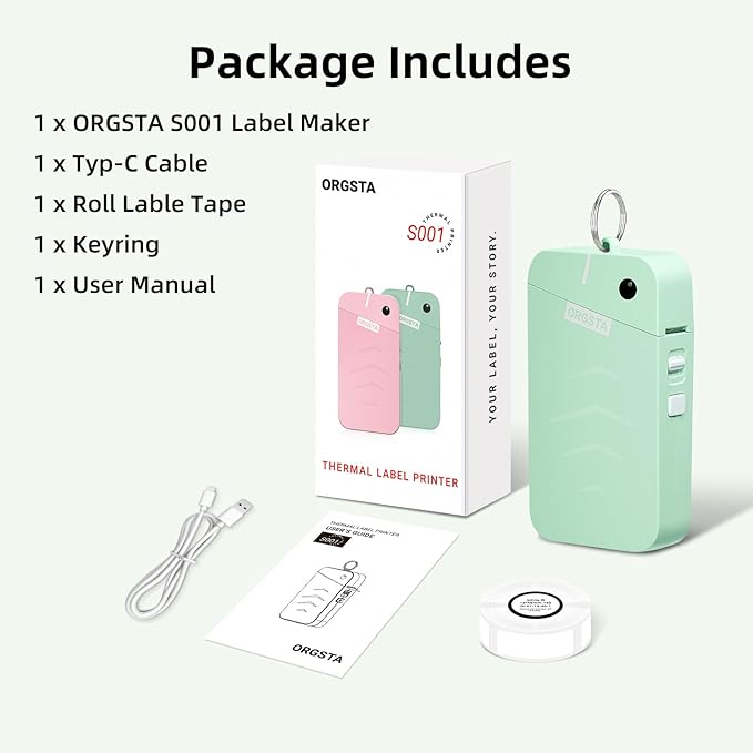 ORGSTA S001 Label Maker Machine with Tape, Portable Bluetooth Label Maker for Home and Office Organization, Thermal Label Printer Mini Label Maker with Multiple Templates, Green