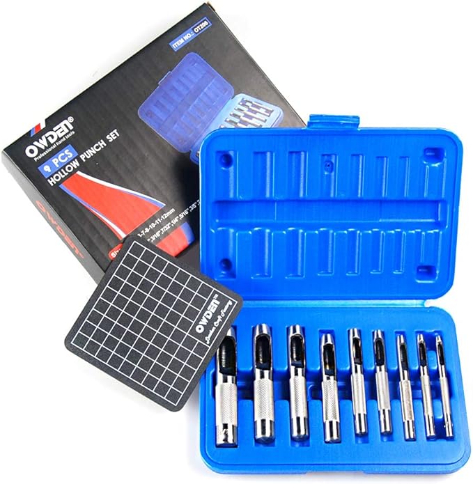 9 Pieces Hollow Punch Set (1/8"-1/2") with A Free Cutting MAT, Leather Hole Punch Set