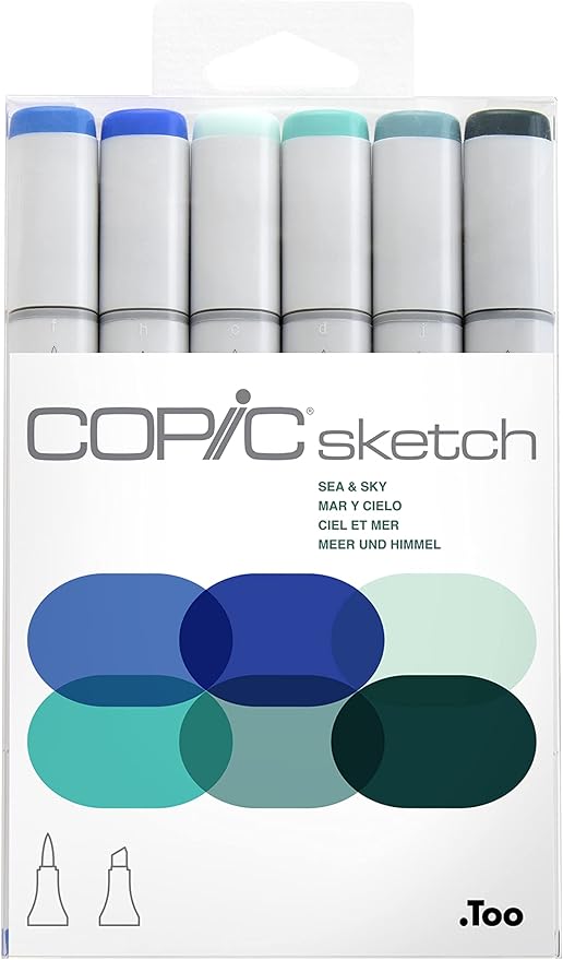 Copic Sketch Alcohol Markers, 6 Color Dual Tip Art Marker Set – Blendable Brush Tips for Drawing, Sketching, and Illustration – Professional Set for Adults/Teen Artists & Creators - Sea & Sky
