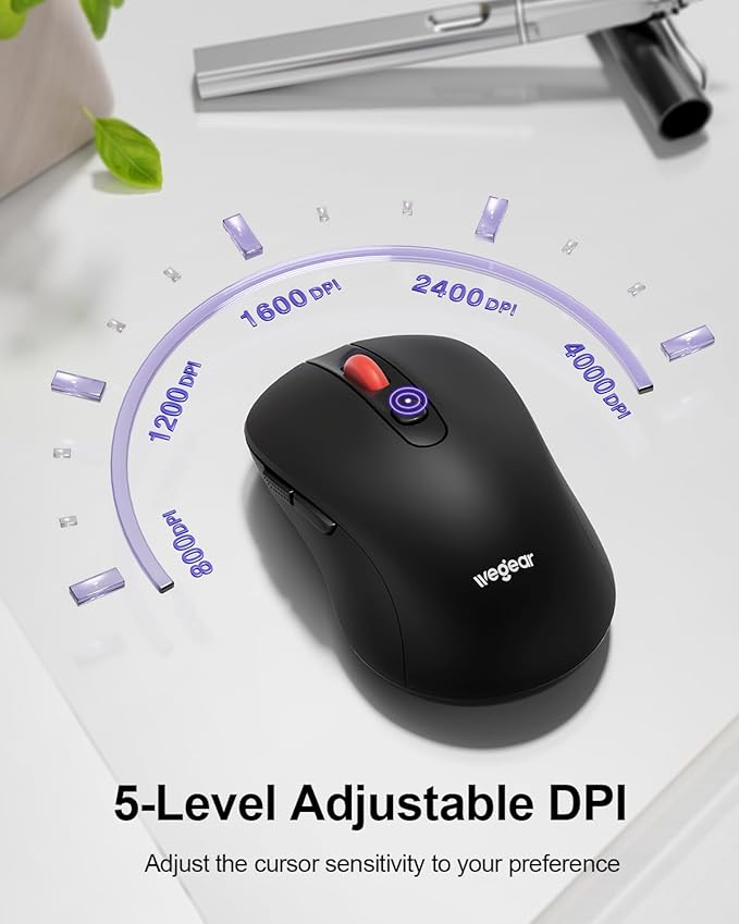 USB Mouse Wireless, 2.4G Cordless Computer Mouse with 6 Buttons, 5-Level Adjustable 4000 DPI, Ergonomic Portable Optical Computer Mice for Laptop, PC, Mac, iPad, 24-Month Battery Life (Black)