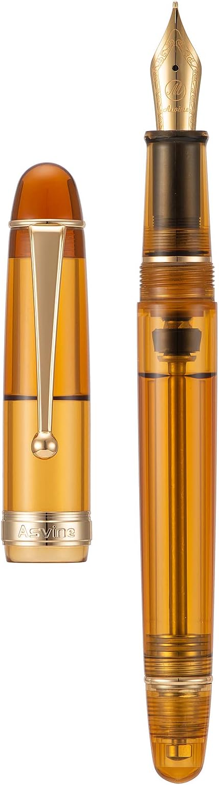 Asvine V126 Vacuum Filling Fountain Pen Medium Nib, Transparent Brown Acrylic, Large-Capacity with Gift Case