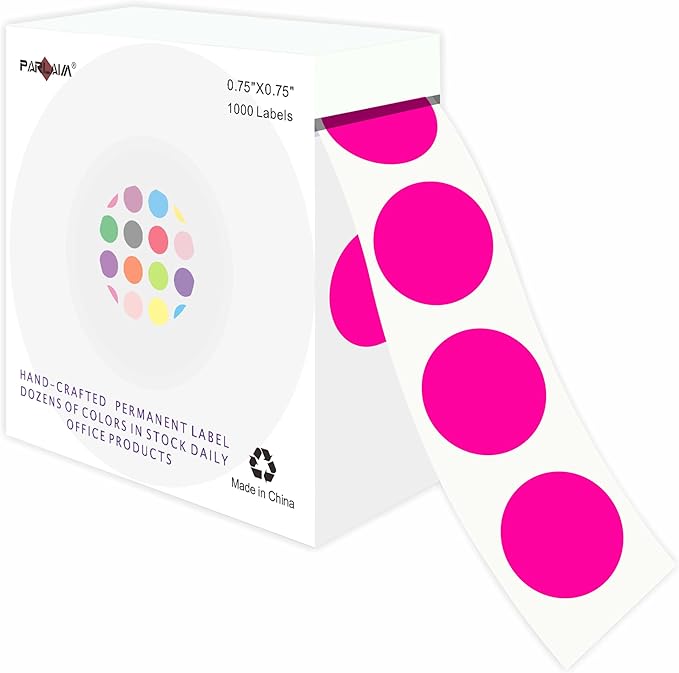 PARLAIM 3/4 Inch Round Permanent Adhesive Color-Code Dot Stickers,1000 Stickers Roll dots Label Dispenser Box Circle Stickers Labels(Fluorescent Pink)