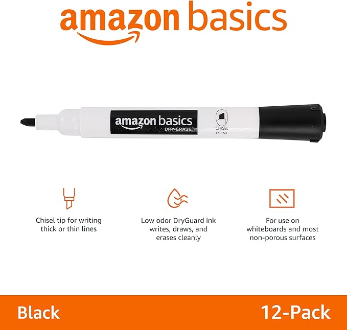 Amazon Basics 12-Pack Low-Odor Chisel Tip Dry Erase Whiteboard Markers, Black