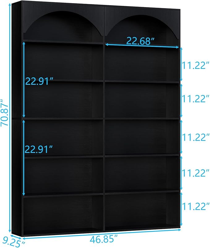 70.8’’ Tall Bookshelf and Bookcase, 7-Tier Double Wide Bookcase Modern Large Open Display Shelves with Curved Baffle for Home Office Living Room (Black)