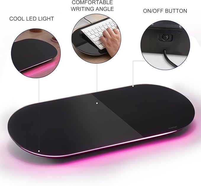 TSJ OFFICE Glass Desktop Whiteboard - 17 X 7 Inches Small Dry Erase Board with Pink Light, Glass White Board Surface Notepad with 1 Drawer, Desk Organizers for Office, Home, School Supplies (Black)