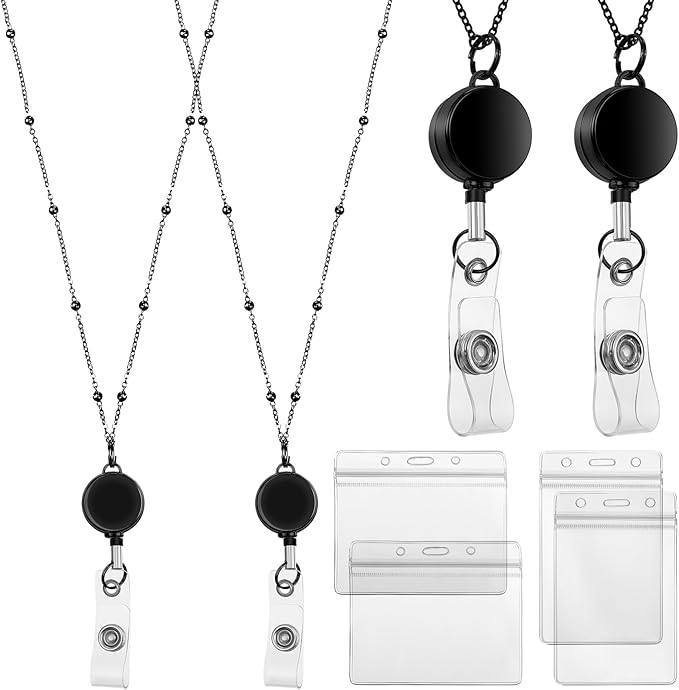 Outus 2 Pieces Badge Lanyard with ID Holders Stainless Steel Badge Holders Necklace Retractable Reel Clip Chain Water Resistant Name(Black)