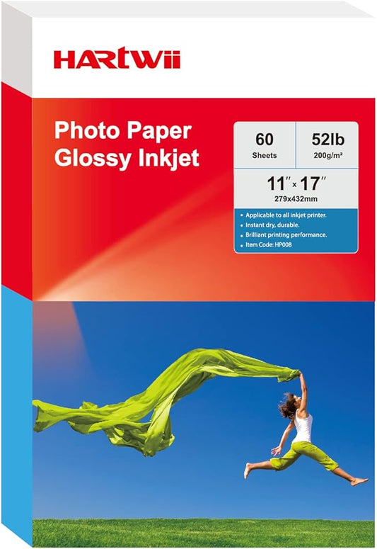 60 Sheets Inkjet Glossy Photo Paper 11 x 17 inch 52lb 200gsm A3 Size for Decoration, Poster Arts for Dye Ink Printers Only