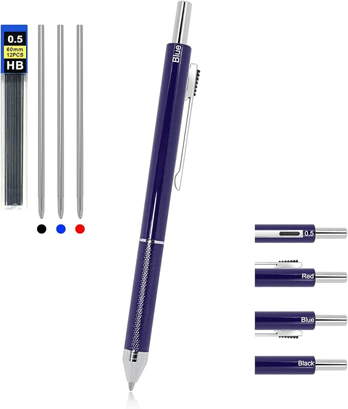 YOUMI 멀티컬러 펜 4 in 1 다기능 펜, 금속 케이스 0.5mm 샤프 레드 볼펜, 블루 볼펜 및 블랙 볼펜, 저널링용 선물 (블루)