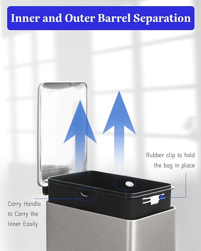 Bathroom Trash Can with Lid, 16.7L/ 4.4 Gallon Trash Can with Removable Inner Bucket, Soft Close lid, Stainless Steel Step Pedal Garbage Can for Bathroom, Kitchen, Home Office, Grey