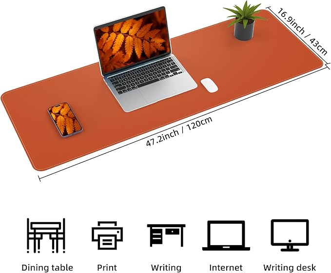 Large Desk Mat -47.2" x 17" Leather Desk Pad Protector with Natural Cork & PU Leather, Non-Slip Office Desk Mat, Double-Sided Mouse Pad, Waterproof Large Desk Pad for Office&Home (Orange)…