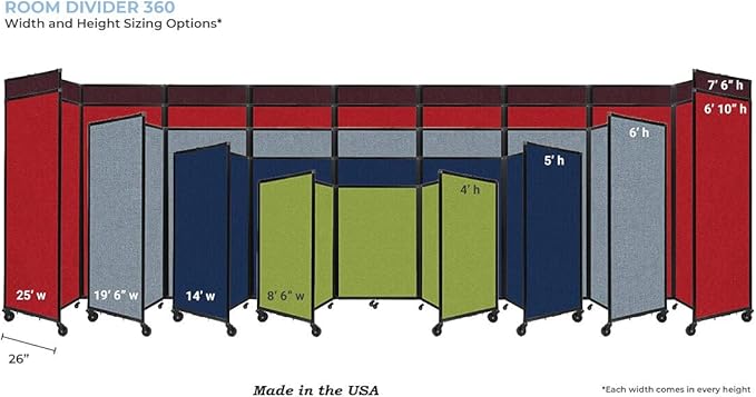 Versare Room Divider 360 Portable Wall Partition | Folding Panels | Large Freestanding Divider | Locking Wheels | Temporary Room Separator | 14' x 7'6'', Slate