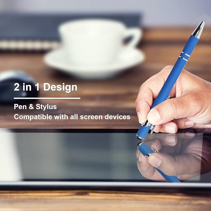 Ballpoint Pen with Stylus Tip, Soft Touch Click Metal Pen, 1.0mm Medium Point, Black Ink, 12 Count(Blue)