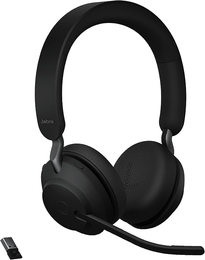 Jabra Evolve2 65 UC Wireless Headphones with Link380a, Stereo, Black – Wireless Bluetooth Headset for Calls and Music, 37 Hours of Battery Life, Passive Noise Cancelling Headphones
