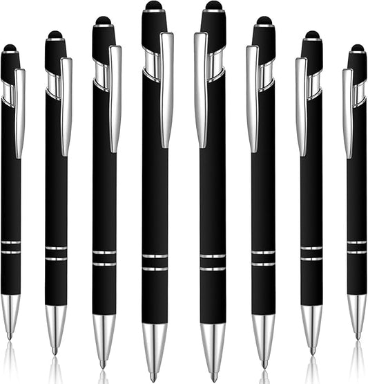 8 Pieces Ballpoint Pen with Stylus Tip Black Ink 2 in 1 Stylus Metal 1.0 mm Medium Point Smooth Pen Rainbow Colorful Rubberized Ballpoint for Touch Screen Tablet(Black)