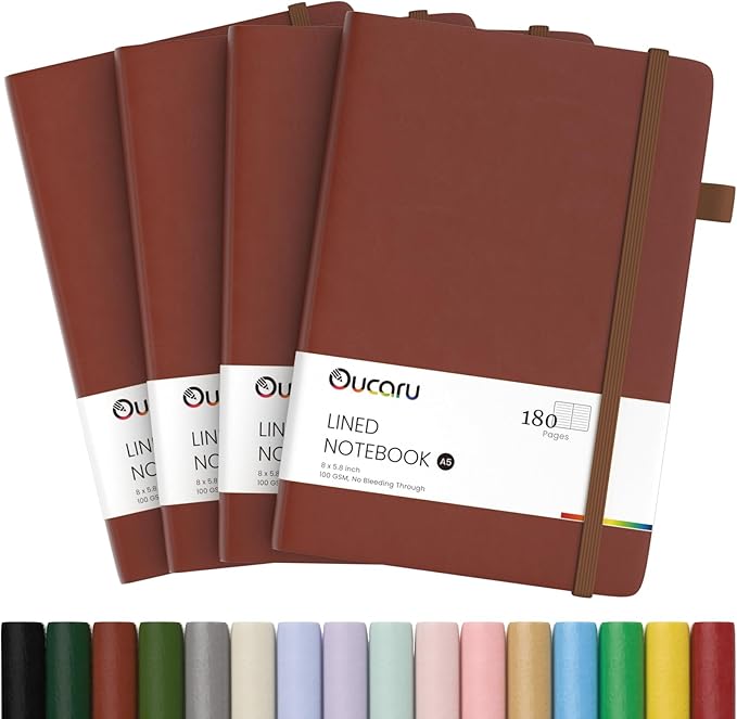 Lined Journal Notebook, 4 Pack, 180 Pages, A5 Journals for Writing, 100 GSM Thick Paper, Small Notebooks Daily Journal for Women Men Work, Business, School, Travel Supplies