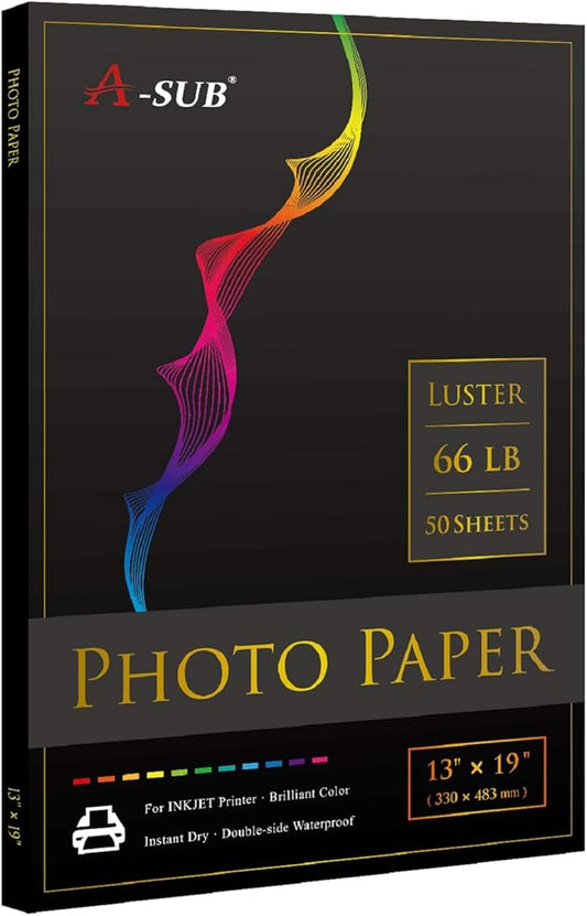 A-SUB Premium Photo Paper Luster 13x19 Inch 66lb for Inkjet Printers 50 Sheets, Single Sided