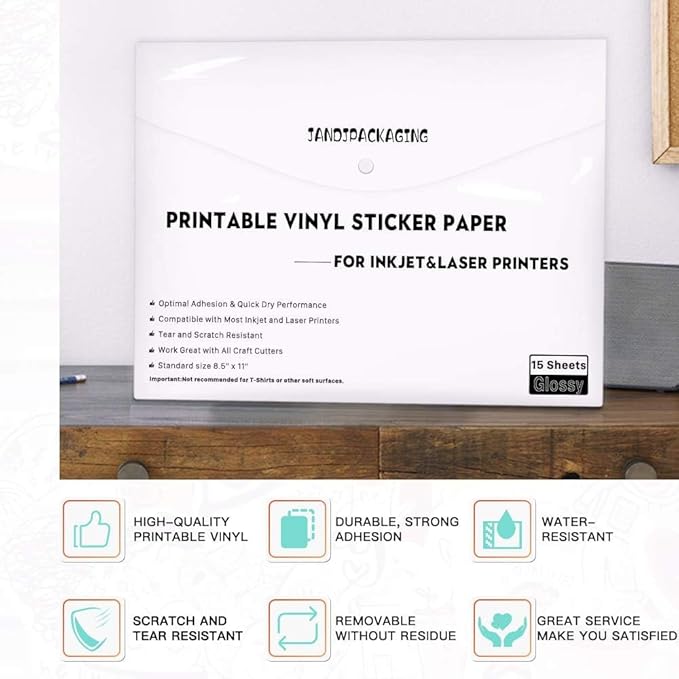 JANDJPACKAGING Printable Vinyl Sticker Paper - Waterproof Printable Vinyl for Laser & Inkjet Printer 15 Self-Adhesive Sheets - Glossy White - Standard Letter Size 8.5"x11"