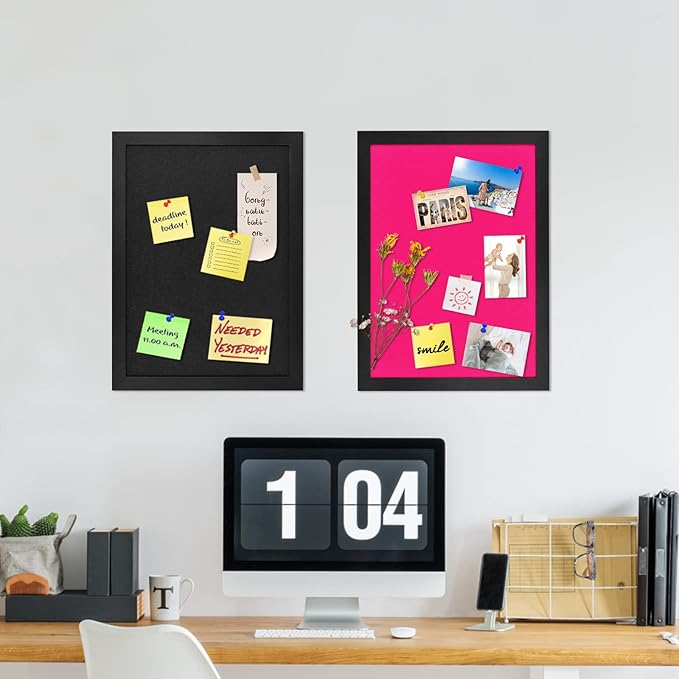 Cork Board Bulletin Board Wood Framed Display with Felt, Pin Board for Jewelry, Notes, Memos, Photos, Home, Kitchen, Office, School, Wall, 15"x11", Wood Framed(Black) & Felt(Pink)
