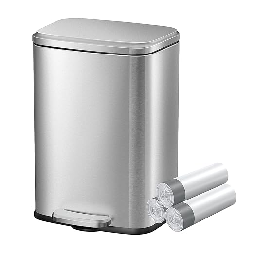 KUK 1.6 Gallon Small Bathroom Trash Can with Lid, 6L/1.6 Gal Office Step Garbage Can for Home, Bathroom, Bedroom, Office, Brushed Stainless Steel