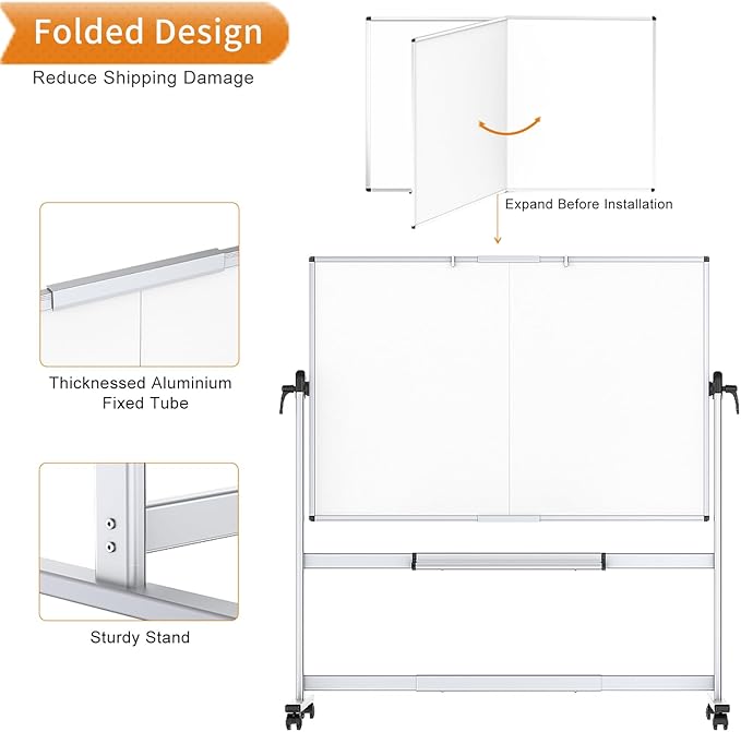 VIZ-PRO Double-Sided Mobile Whiteboard, 60 x 48 Inches, Magnetic Rolling Dry Erase White Board on Wheels with Aluminium Frame and Stand