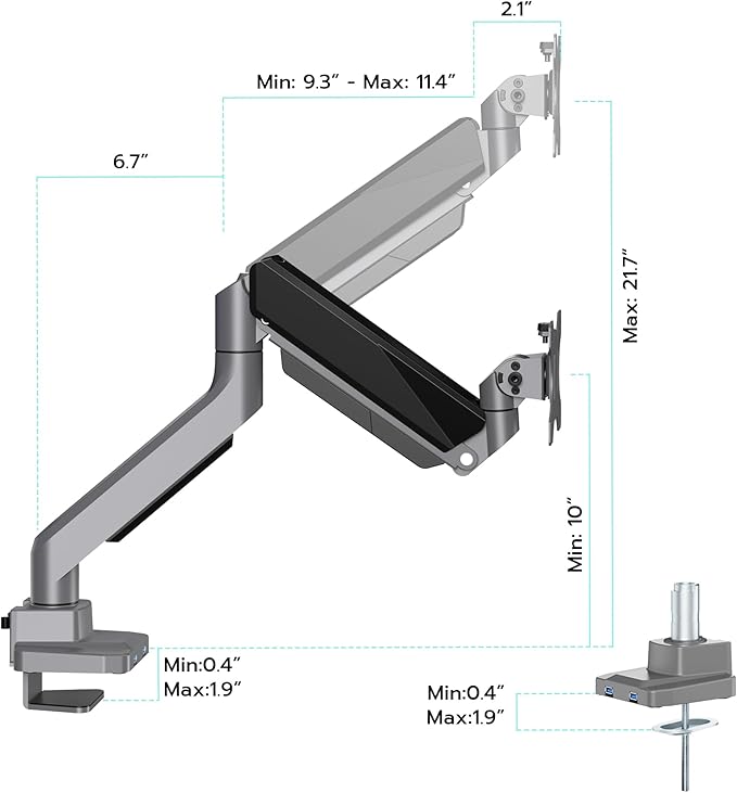 ARES WING Single Monitor Arm, Heavy Duty Adjustable Monitor Arm for 13"-45" Screens with USB, Gas Spring Desk Mount Stand with C Clamp/Grommet Mounting Base up to 40lbs Computer, Gray