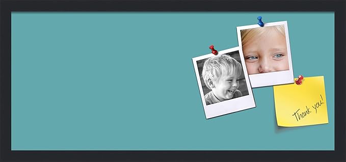 PinPix 28x12 Inch Cork Bulletin Board. This Decorative Framed Pin Board Comes with Aqua Pastel Design and a Satin Black Frame. Ideal for Home Office Decor or Message Board (PinPix-1806)