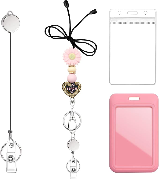 Colorful ID Badge Holder with Silicone Beads Lanyard Set,Cute Teacher Breakaway Lanyard for Keys & Keychain with Cute Retractable Badge Reel Holder,Gift for Women,Nurse, Teacher. (Y)