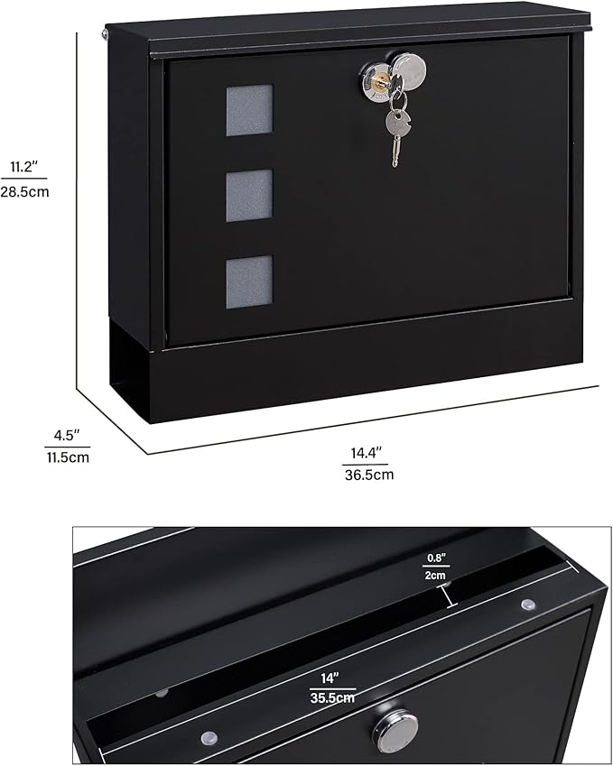 LAND·VOI Locking Mailbox Wall Mounted, Metal Postbox with Three Sets of Mail Box Number Stickers, 4 Keys, 14.4" x 4.5" x 11.2", Large Capacity, Black, AMB11B