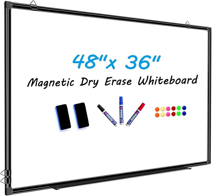 H-Qprobd 48"x36" Magnetic White Board Dry Erase Wall Mount Whiteboard - Office Home Classrooms White Board Hanging Writing Board with Black Aluminum Frame