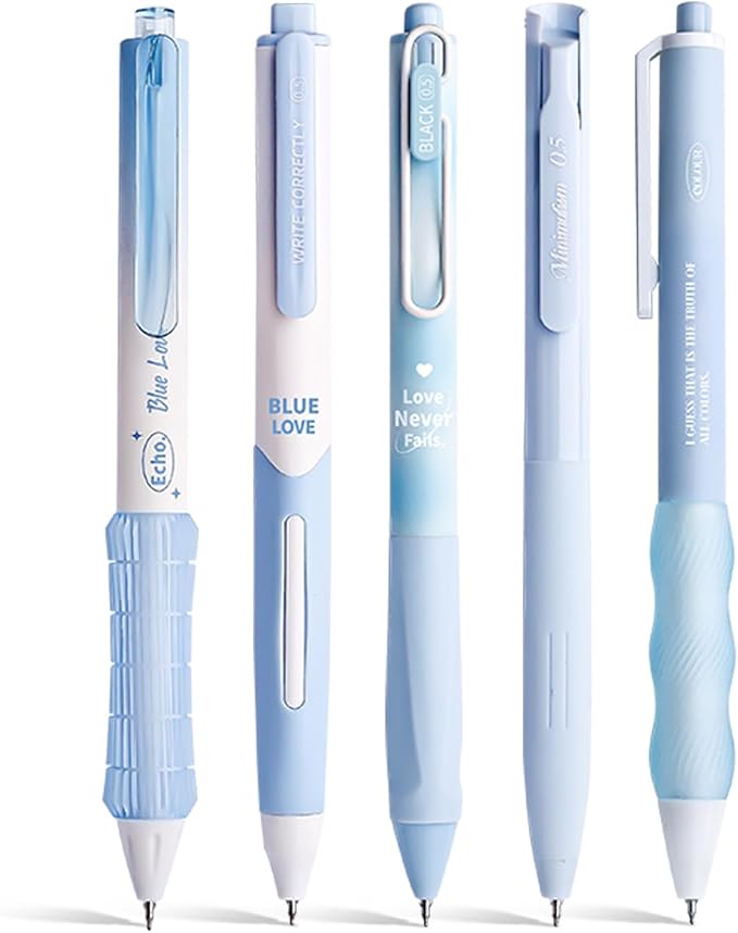 5 Count Pastel Gel Ink Pen Set,Cute Note Taking 0.5mm Fine Point Retractable 5 Count Black Ink Pens for Writing, Journaling, School, Office (Light Blue)