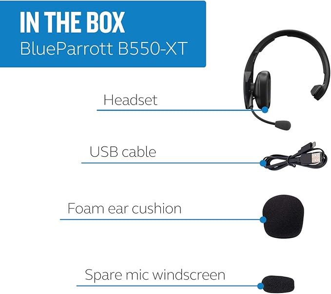 BlueParrott B550-XT Mono Bluetooth Wireless Headphones 96% Noise Canceling Over Head Trucker Headset with Mic, 100% Voice Control, IP54-Rated Protection, 24 hrs. Talk Time, Black