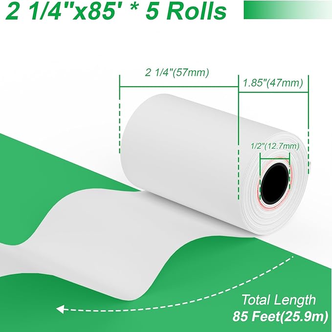 2 1/4 x 85 Thermal Paper Rolls, 5 Rolls 2.25 x 85 ft Credit Card Receipt Paper, Premium Thermal Receipt Paper Fits All POS Cash Registers, Credit Card Terminal (2 1/4" x 85' Reciept Paper 5 Rolls)