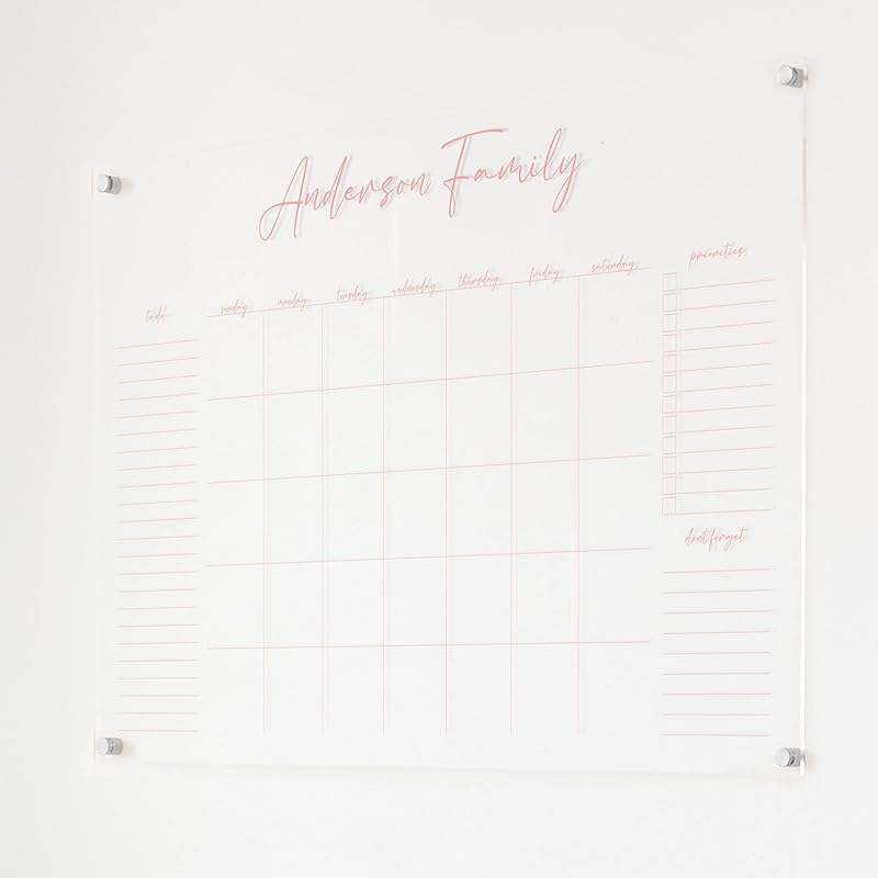 Personalized Clear Acrylic Calendar for Wall, Calendar Whiteboard for Wall, Dry Erase Wall Calendar, Wall Calendar Organizer System for Home (Cursive, Blush, 38"W x 26"H)