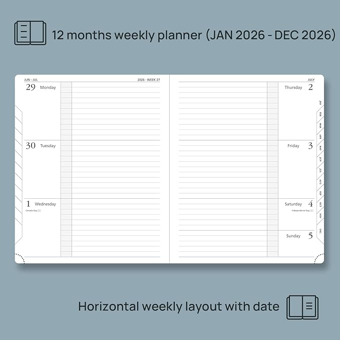 POPRUN Weekly Planner 2026 Calendar (Large 8.5" x 10.5") 12 Months Notebook with Horizontal Layout, Leather Hardcover, Inner Pocket, 100GSM Thick Paper, Pen Holder - Army Green
