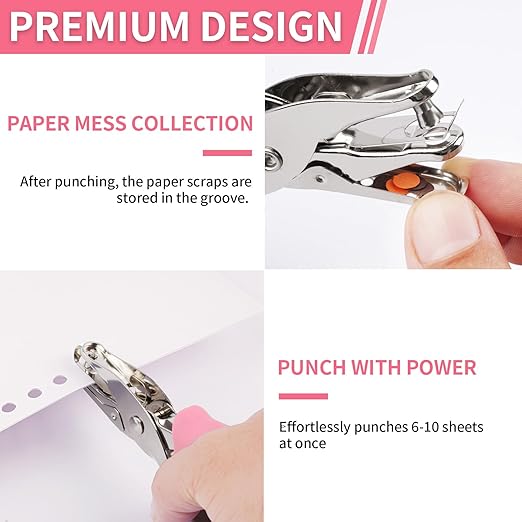 Single Hole Punch, 2 Pcs Hand Hole Puncher with Soft Grip Handle, 1/4" and 1/8" Small Hole Paper Punch for Crafts, Scrapbooks, 6 Sheets Capacity, Tags, Tickets - Pink