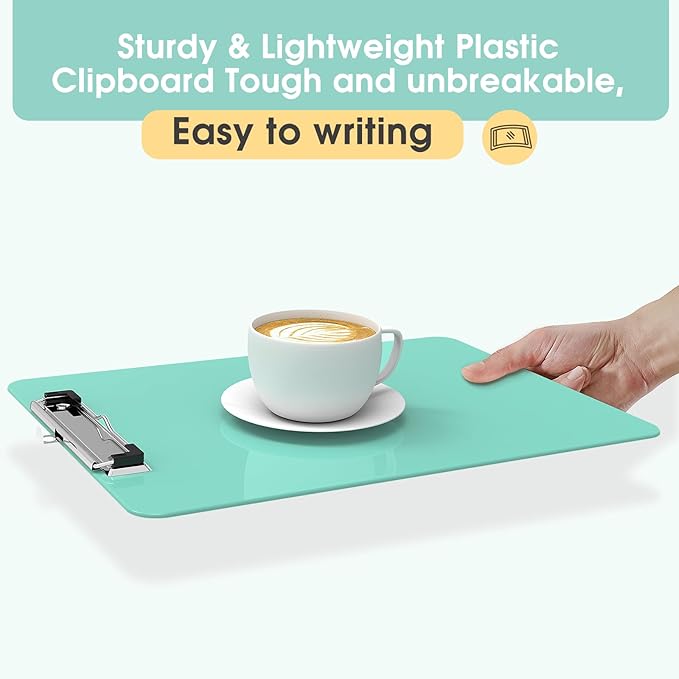Plastic Clipboards, A4 Teal Clip Board 8.5x11 for Classroom, Students, Kid, Woman, Size 9" x 12.5" with Low Profile Clip, Office & School Supply