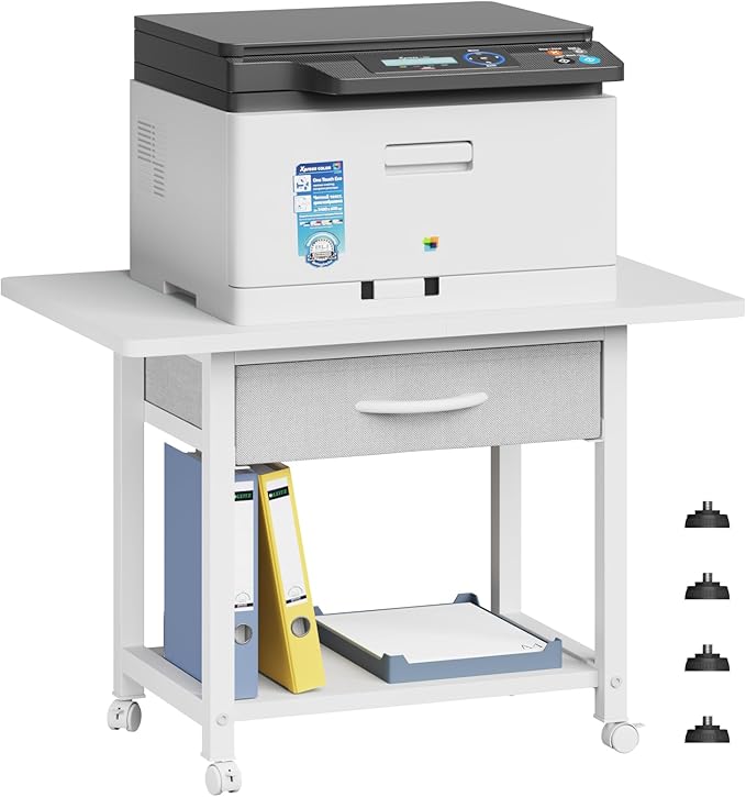 22"x15" Large Printer Stand with Storage Drawer, 2-Tier Under Desk Table for Home Office, Fits Fax Machine/3D Printer/Scanner (White)